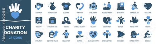 Charity and donation colored signed icon collection. Set of fill Charity and donation icons. UI icon set. Colored icons pack. Vector illustration