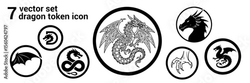 Vector set of 7 dragon token icons - in various styles and shapes  