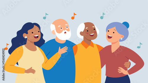 A group of adults with dementia tapping along to a familiar song remembering the lyrics and singing along despite not being able to remember their own names.. Vector illustration
