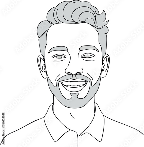 Smiling young man portrait with beard and styled hair line art vector illustration for professional design and creative projects