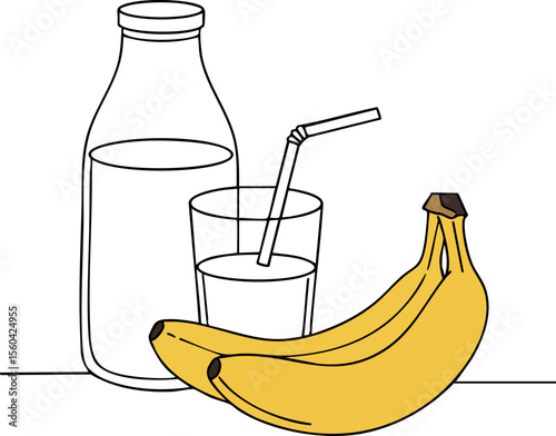 Banana with glass and bottle of milk simple vector design for healthy breakfast or snack illustration