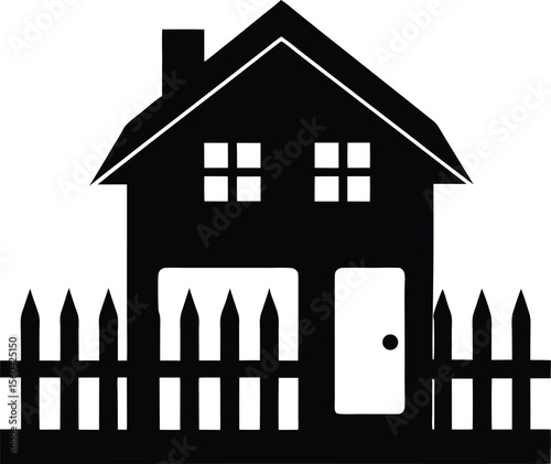  suburban house with picket fence black silhouette