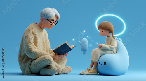 Teacher helping a child interact with an AI companion reading stories with floating animated visuals. Solid soft blue background