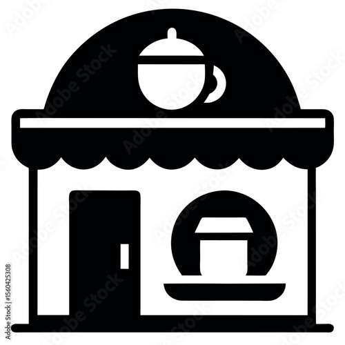 Black and White of a Cafe or Coffee Shop Building with Teapot Icon