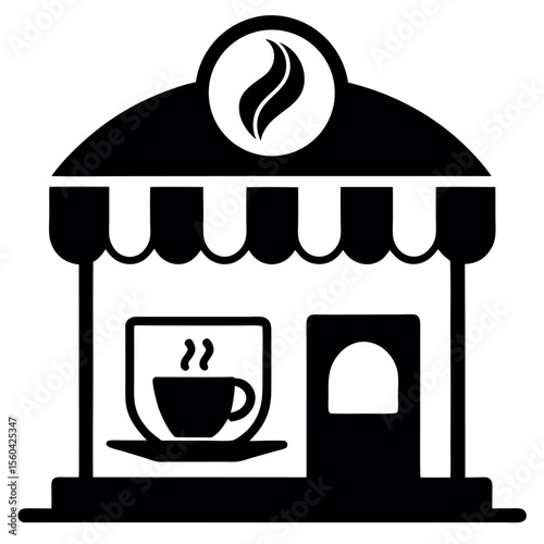 Black and White of Coffee Shop with Cup of Coffee Iconography Displayed