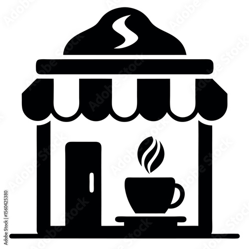 Black and White Silhouette of a Cafe Storefront with Coffee Cup Icon Design