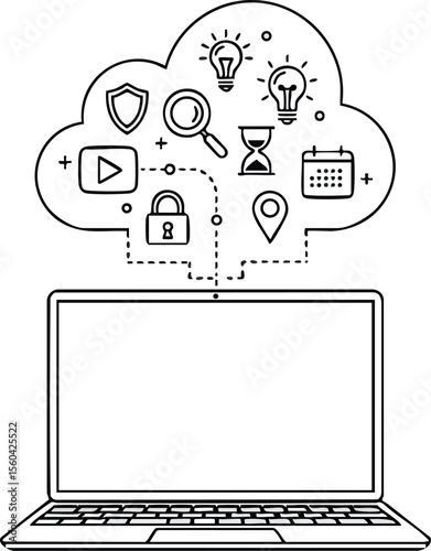Laptop with cloud computing icons showing technology and data security concepts in modern digital design vector illustration
