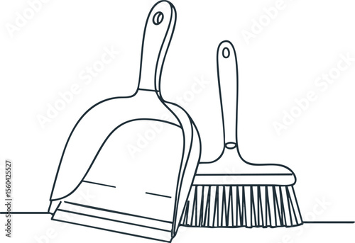 Dustpan and brush simple line art cleaning tools for household chores vector illustration