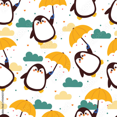 cute hand drawing cartoon penguin with yellow umbrella and blue clouds seamless pattern. cute animal pattern in white background for gift wrap paper and wallpaper