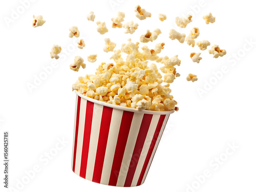   popcorn in a red and white striped bucket explodin isolated on white background PNG, AI GENERATED