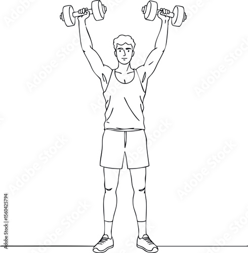 Man lifting dumbbells overhead exercising strength training fitness workout motivation vector illustration