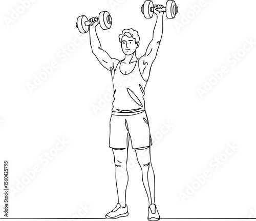 Man lifting dumbbells overhead exercising strength training fitness workout motivation vector illustration