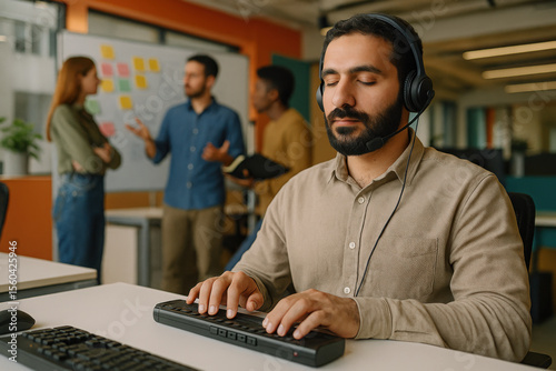 Blind professional using braille display at office
