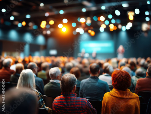 Large audience attending professional conference in modern hall