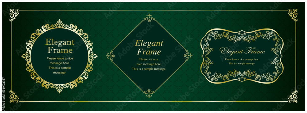 Fototapeta premium 高級感のあるエレガンスなフレームセット、飾り罫、装飾デザイン、上品な背景、金、ゴールド、グリーン
