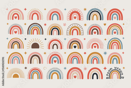 Cute Hand Drawn Boho Rainbows with Hearts and Patterns
