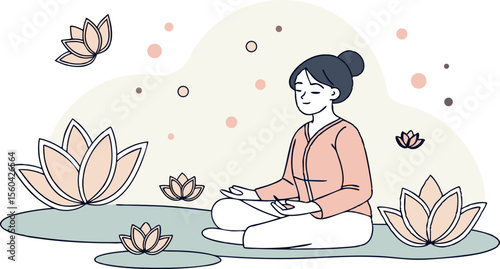 Woman meditating in lotus position surrounded by lotus flowers and circles on a light background drawing