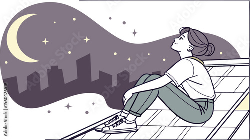 Illustration of a woman sitting on a rooftop looking at the moon and stars with a city skyline view