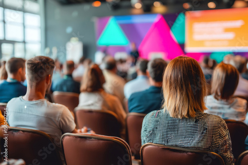 Participants attending colorful conference with abstract design screen and speaker