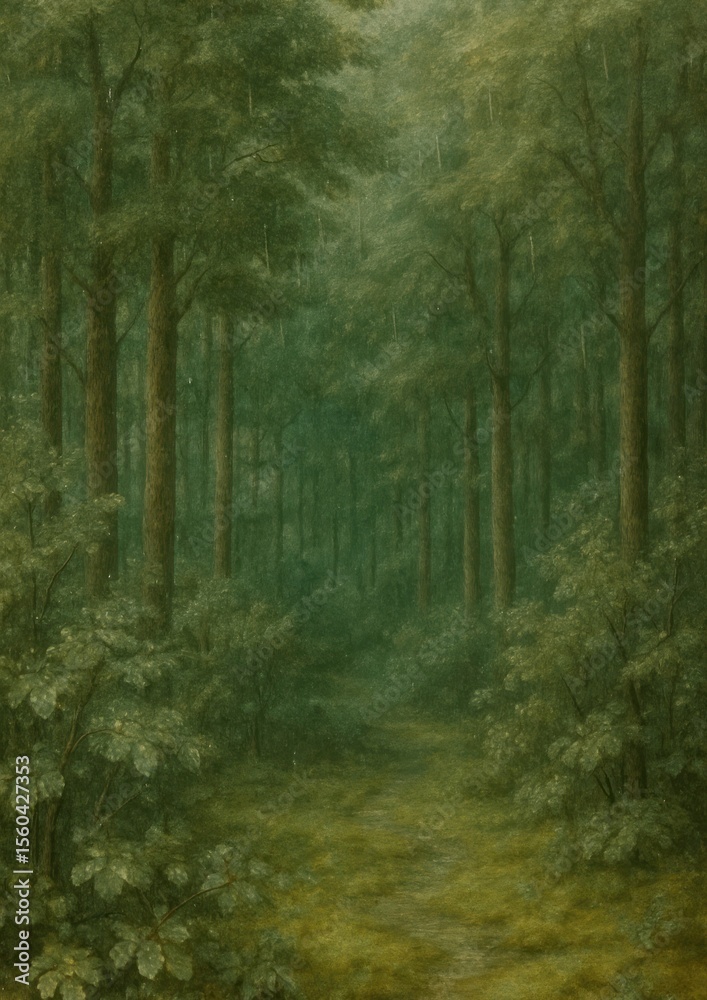 Obraz premium Serene forest path, lush greenery.