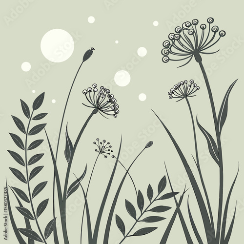 Illustration of stylized plants with leaves and flower heads against a light background and circles