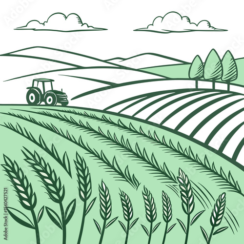 Illustration of a green field with wheat, a tractor, trees, and clouds in a rural landscape scene