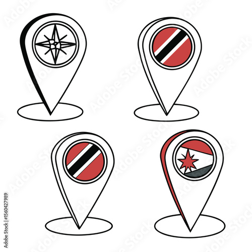Collection of four location pin icons with different designs inside the circular portion of the pins