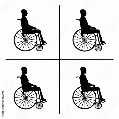 Four black silhouette icons of people in wheelchairs on white background person disability