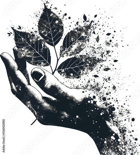 Artistic illustration showing a hand gently cradling leaves, symbolizing nature, care, and harmony. The splattered effect adds a dynamic and creative touch