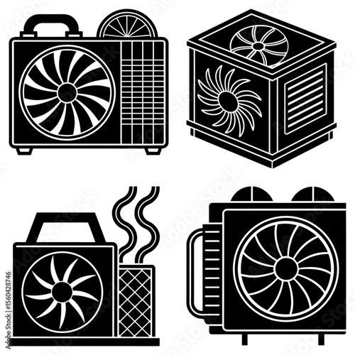Four Stylish Black and White HVAC System Icons: Modern, Clean Design for Efficient Cooling Solutions