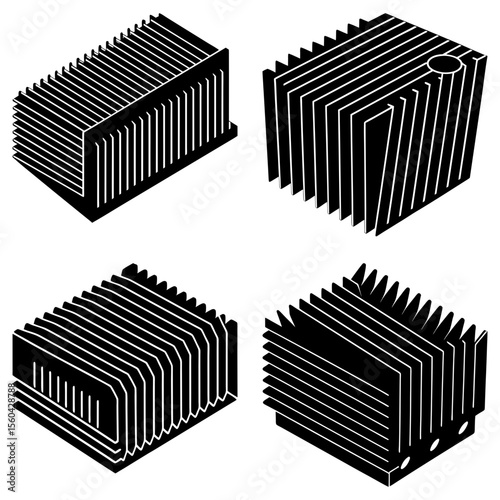 Four Isometric Black and White Aluminum Heat Sink Designs: Industrial Cooling Technology Illustrations