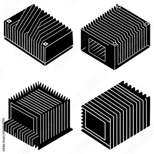 Isometric Illustration: Four Black and White Heat Sink Designs, Technical Engineering Graphics