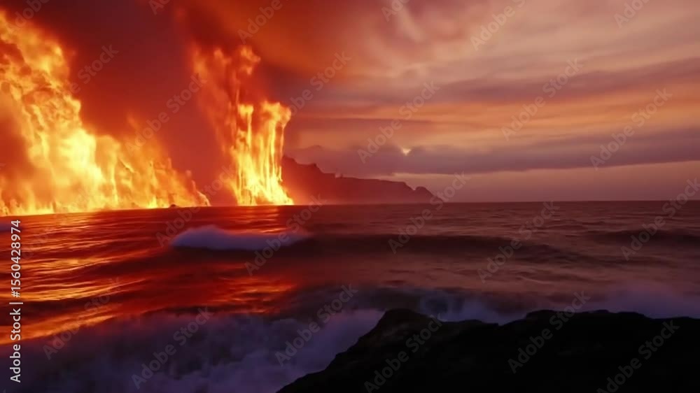 A dramatic sunset illuminates flowing lava meeting the ocean. A dramatic sunset illuminates flowing lava meeting the ocean.