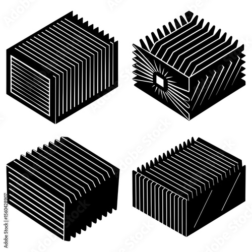 Abstract isometric black and white illustrations of four unique geometric heat sinks.