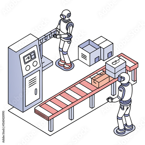 Isometric view of automated factory line with robots handling boxes and operating machinery equipment