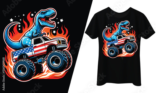 Patriotic Dinosaur Riding Monster Truck, 4th of July, T-Shirt Design.