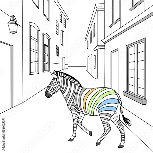 Zebra with colored stripes walking down a city street with buildings and a street lamp on the corner