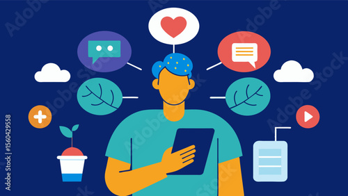 A person using a tablet to access brain health resources and support groups connecting with others facing similar challenges.. Vector illustration