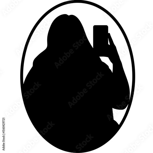 Silhouette of a woman holding a phone in an oval frame  