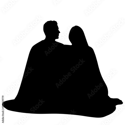 Silhouette of couple sitting closely under blanket on white background  