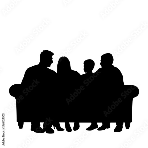 Family sitting together on a couch in silhouette against white background  