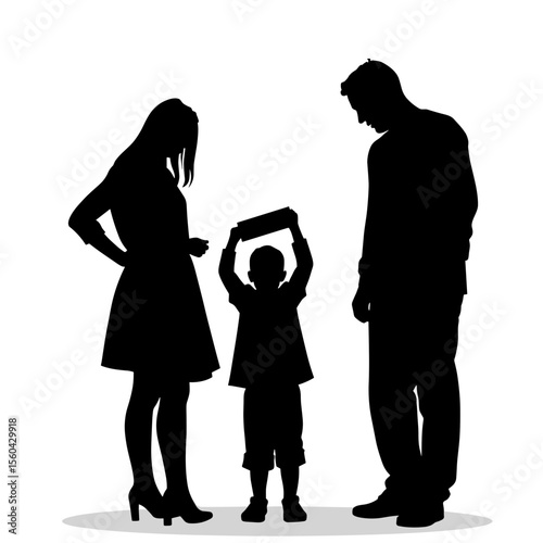 Family silhouette with child holding a toy while parents observe  