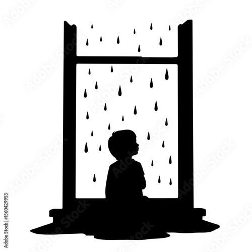 Silhouette of a child sitting by window with raindrops outside  