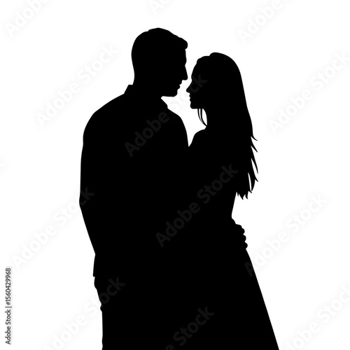Silhouette of a couple embracing and gazing into each other's eyes  