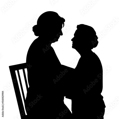 Two women silhouettes interacting while sitting on a chair  