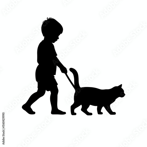 Child walking cat on leash in silhouette form  