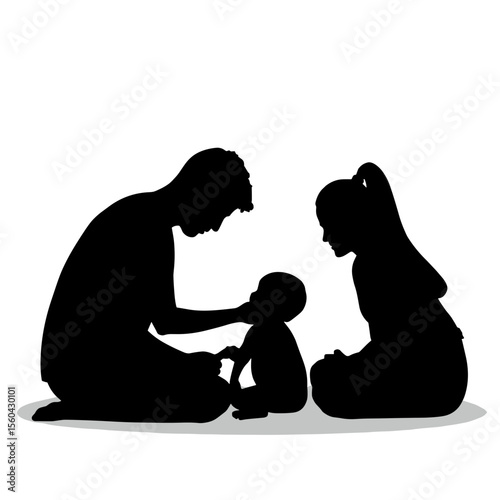 Family silhouette of parents caring for baby on white background  