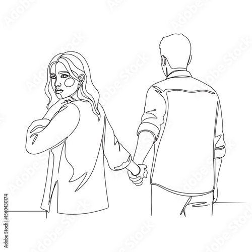 Couple holding hands walking away one looking back