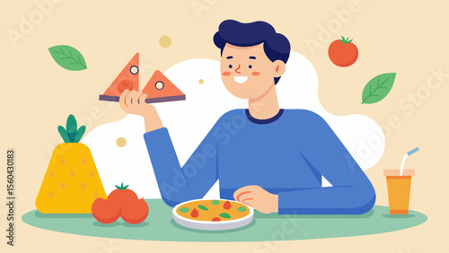 A man practicing portion control and balance while enjoying a slice of homemade pizza loaded with vegetables and a whole grain crust.. Vector illustration