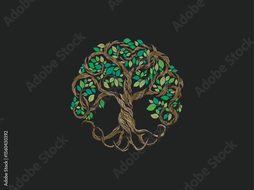 tree logo design, ancient olive tree in circular shape